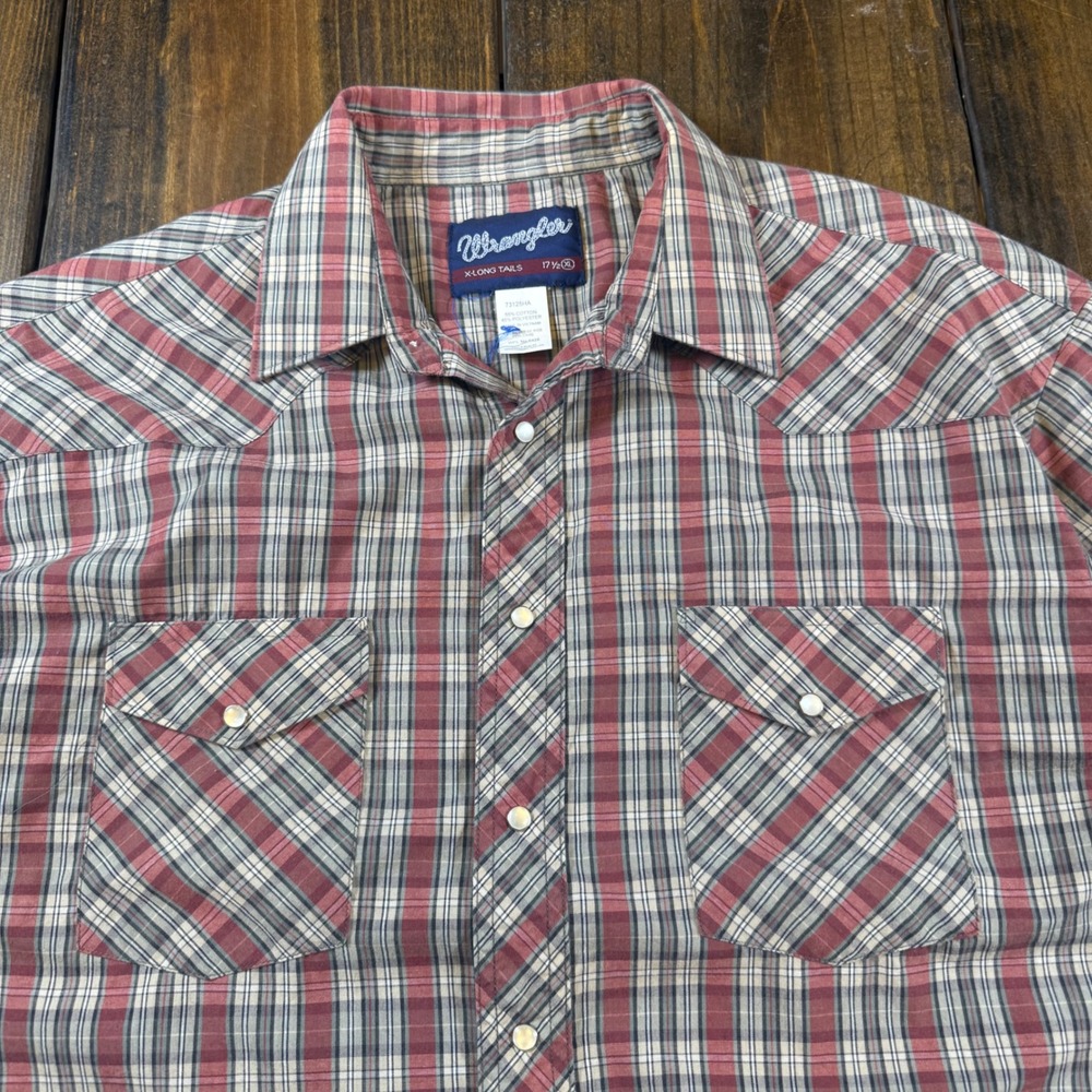 Wrangler Men XL X-Long Tails Western Pearl Snap Plaid Short Sleeve Shirt vintage - Picture 2 of 6